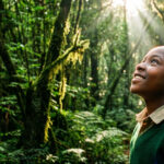 A child looking into the sky with hope with the suns rays filtering through the trees behind him