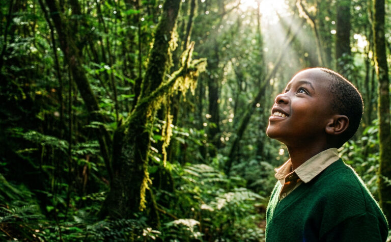 A child looking into the sky with hope with the suns rays filtering through the trees behind him