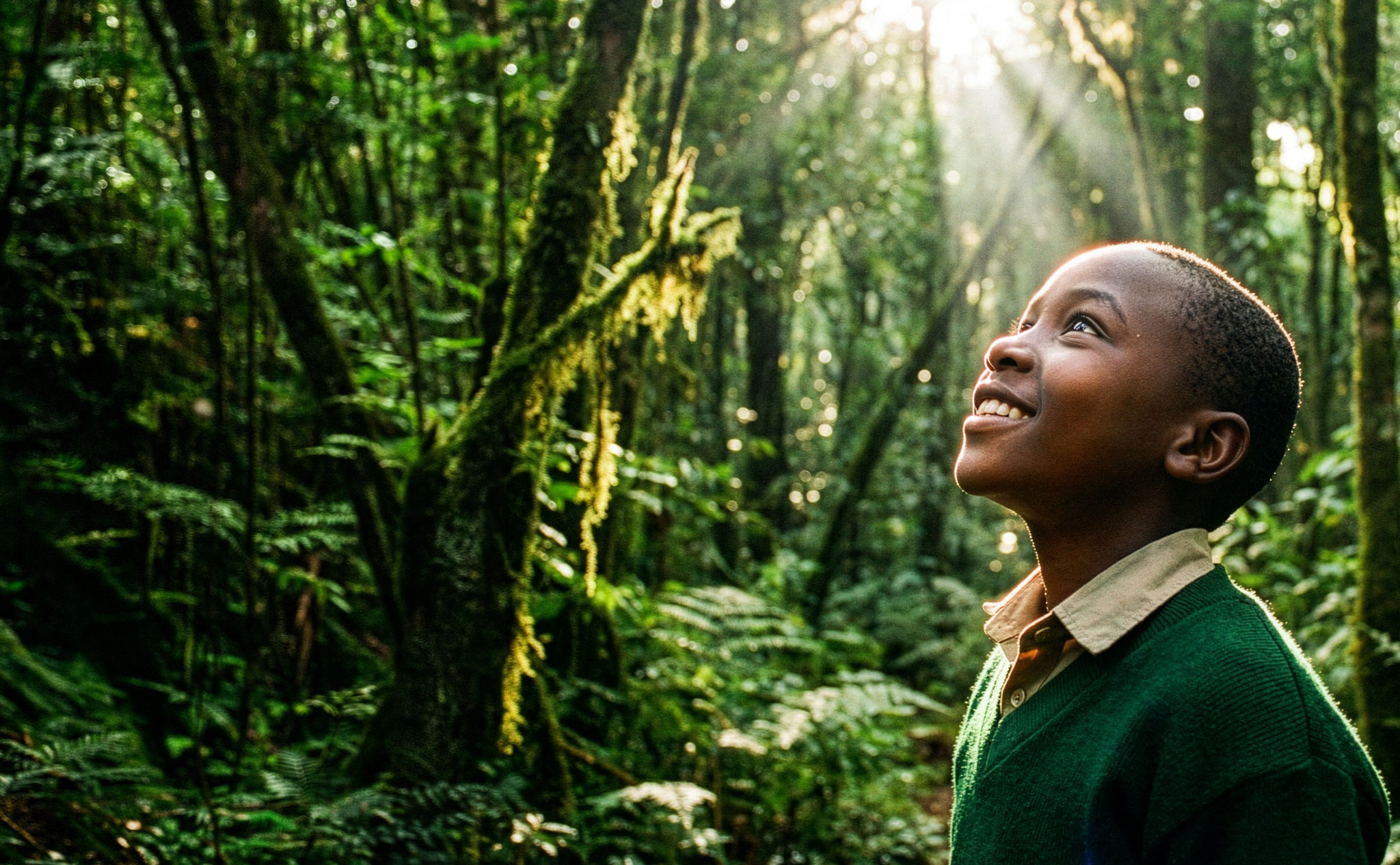 A child looking into the sky with hope with the suns rays filtering through the trees behind him